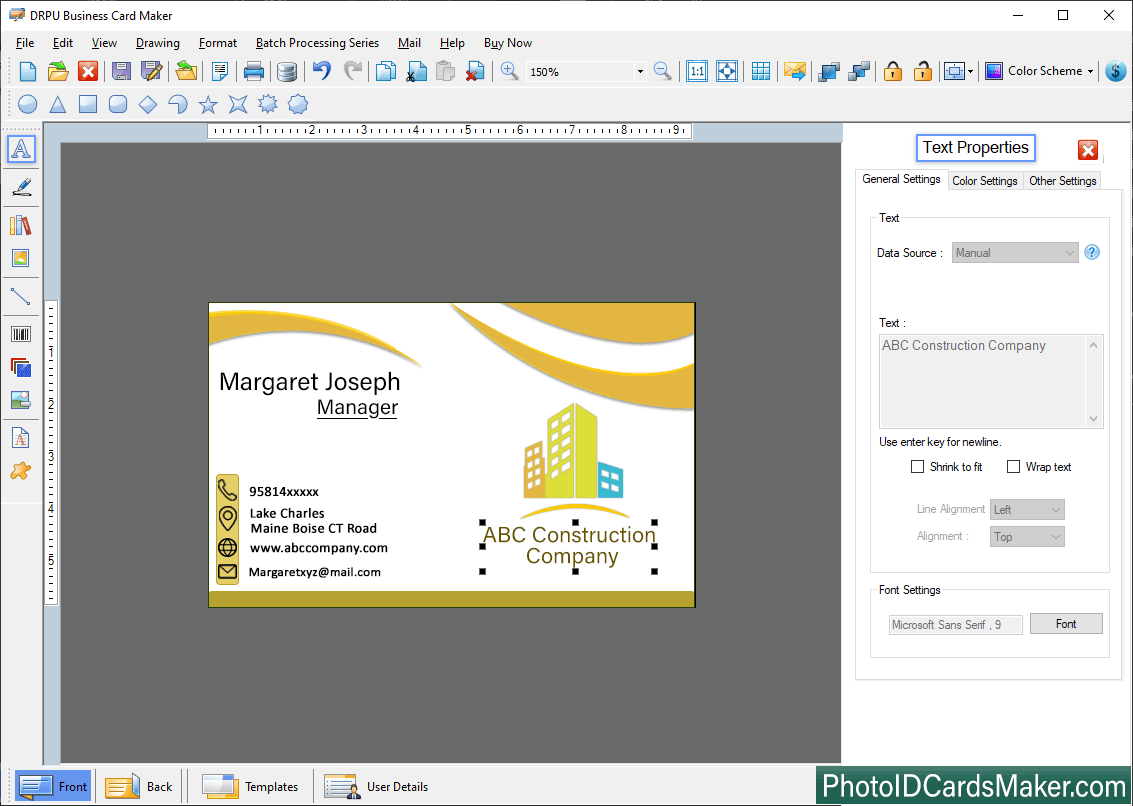 Screenshots of business card maker software to design visiting card