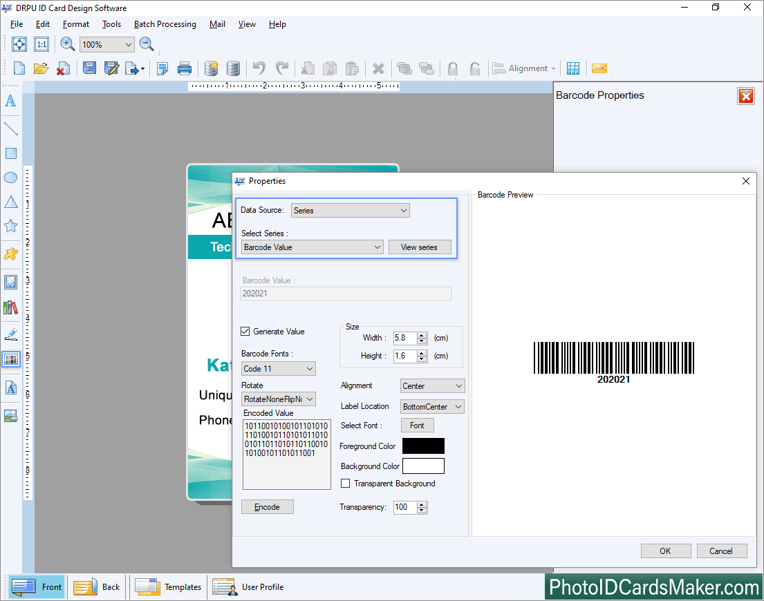 ID Card Maker barcode Properties