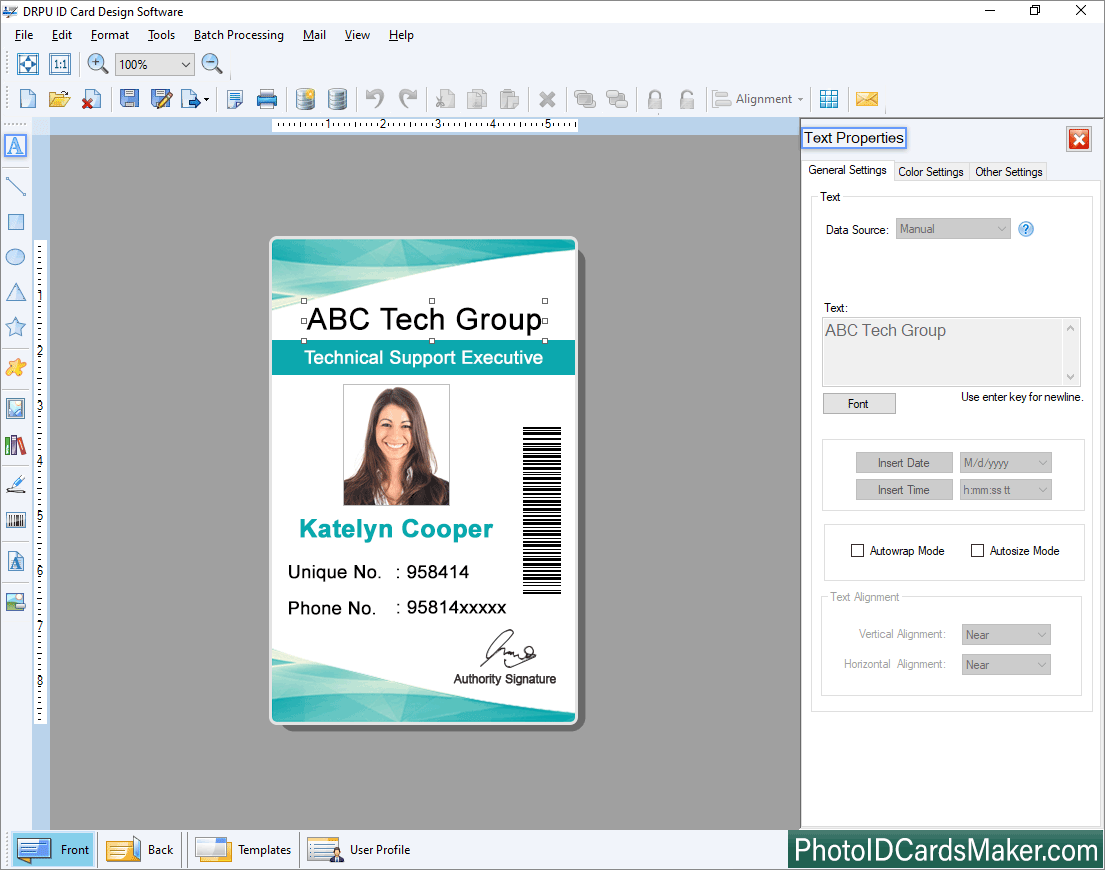 ID Card Maker Text Properties